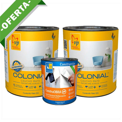 Kit pintura Colonial Vp: 2 galones caucho mate y ¼ galón pasta profesional color blanco intenso