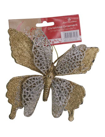 Adorno colgante navideño mariposa 18cm dorado plateado