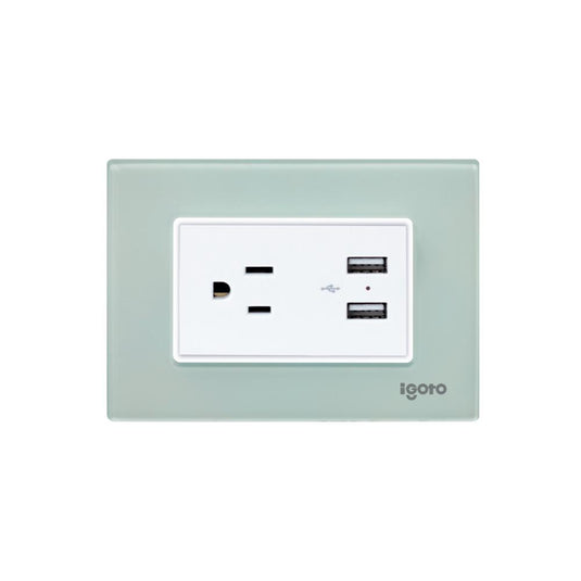 Tomacorriente sencillo y 2 puertos USB Igoto color blanco acrílico verde ref z105u-a